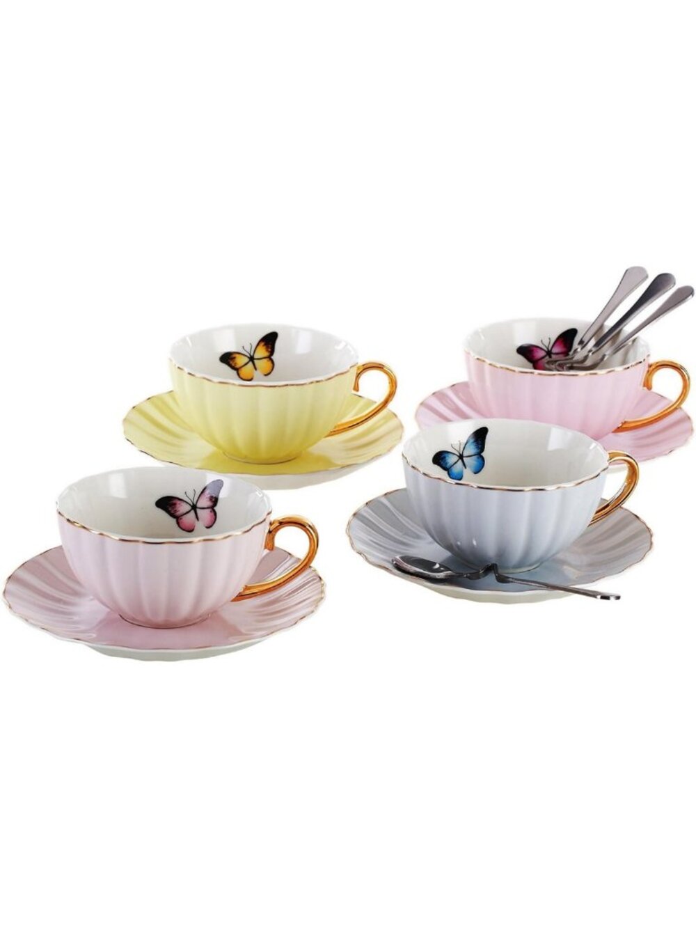 Elegant Multi-Color Tea Cup & Saucer Set with Spoons - 4 Pcs, Perfect for Tea